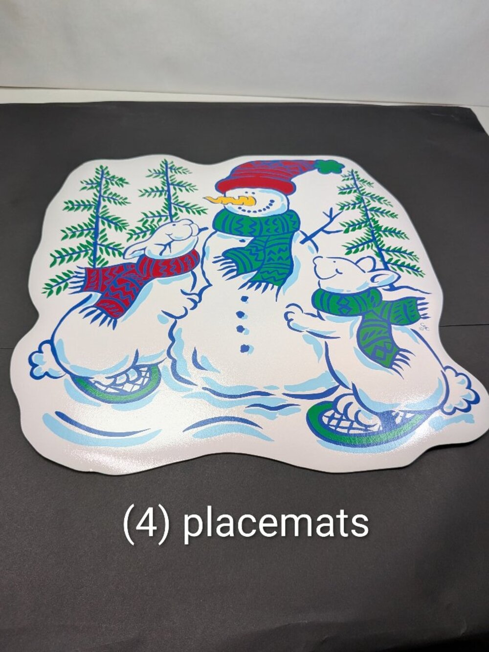 Vintage 1990s Christmas Placemats Set of 4 Snowman Snowshoeing Rabbits CSC